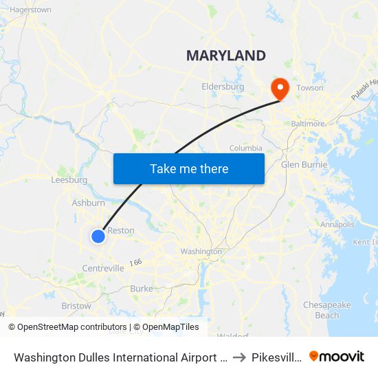 Washington Dulles International Airport Metrorail Station to Pikesville, MD map