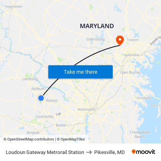 Loudoun Gateway Metrorail Station to Pikesville, MD map