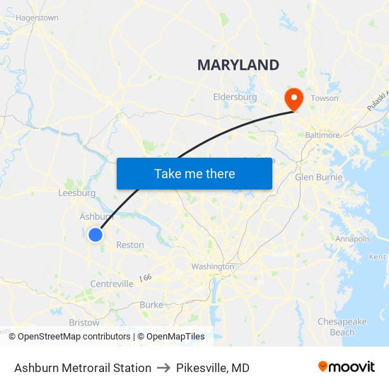 Ashburn Metrorail Station to Pikesville, MD map