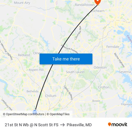 21st St N Wb @ N Scott St FS to Pikesville, MD map