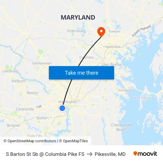 S Barton St Sb @ Columbia Pike FS to Pikesville, MD map