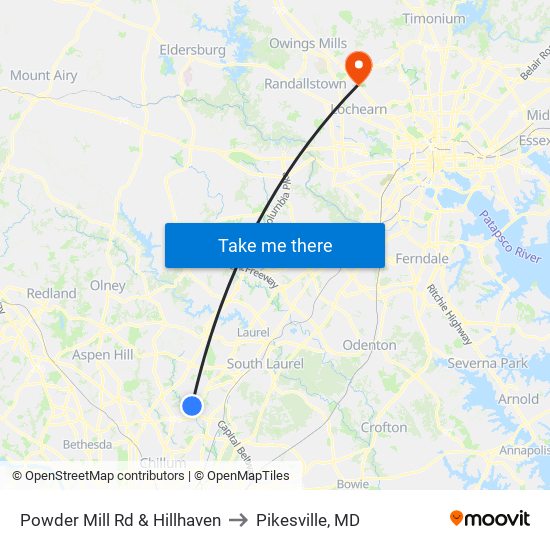 Powder Mill Rd & Hillhaven to Pikesville, MD map