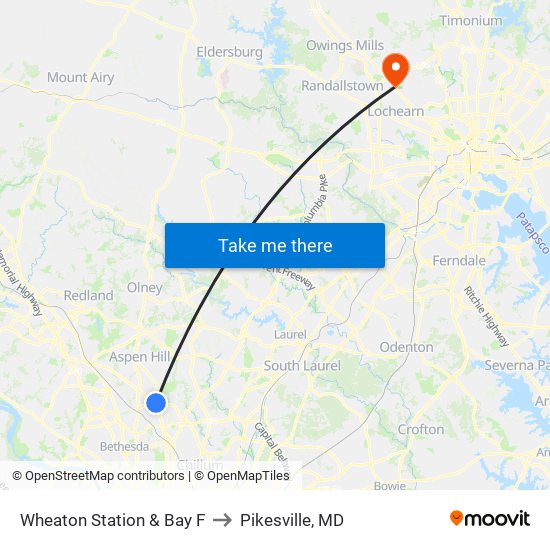 Wheaton Station & Bay F to Pikesville, MD map