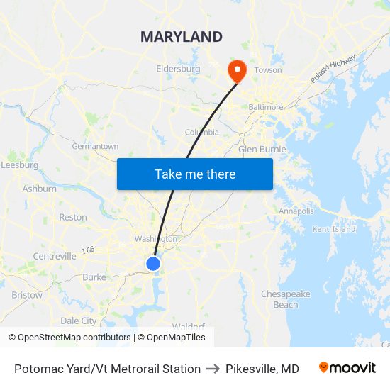 Potomac Yard/Vt Metrorail Station to Pikesville, MD map