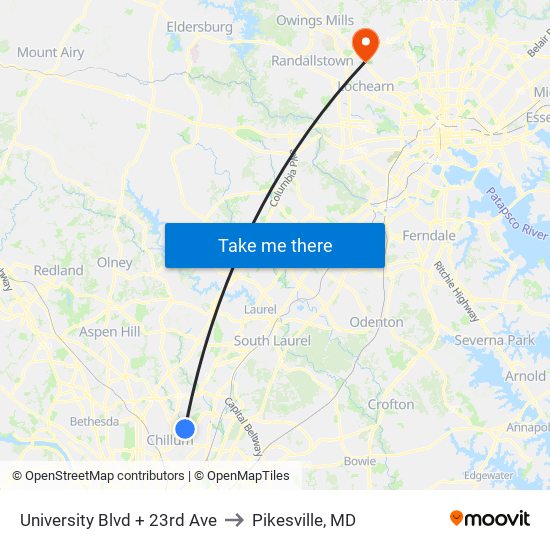 University Blvd + 23rd Ave to Pikesville, MD map