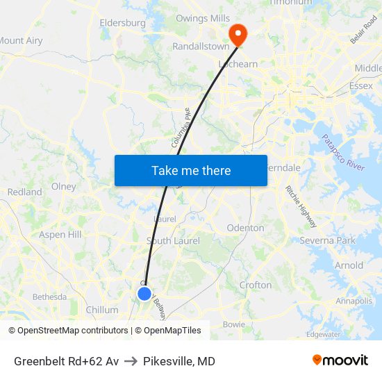 Greenbelt Rd+62 Av to Pikesville, MD map