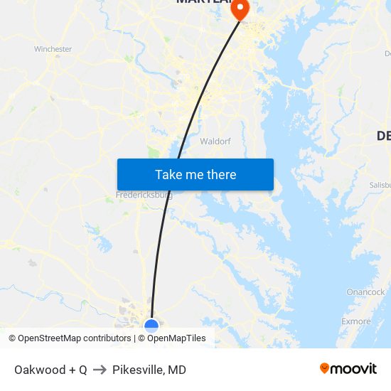 Oakwood + Q to Pikesville, MD map