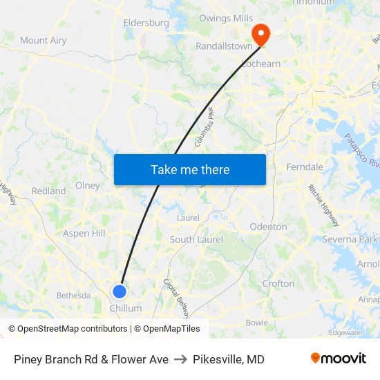 Piney Branch Rd & Flower Ave to Pikesville, MD map