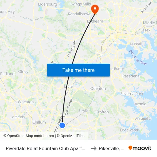 Riverdale Rd at Fountain Club Apartments to Pikesville, MD map