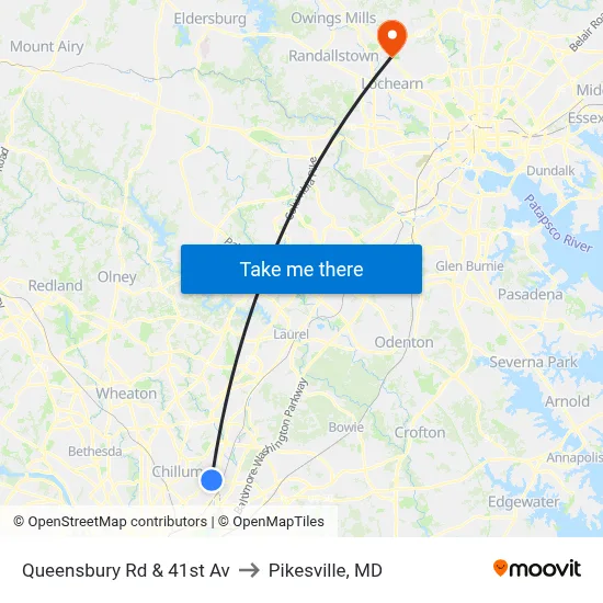 Queensbury Rd & 41st Av to Pikesville, MD map