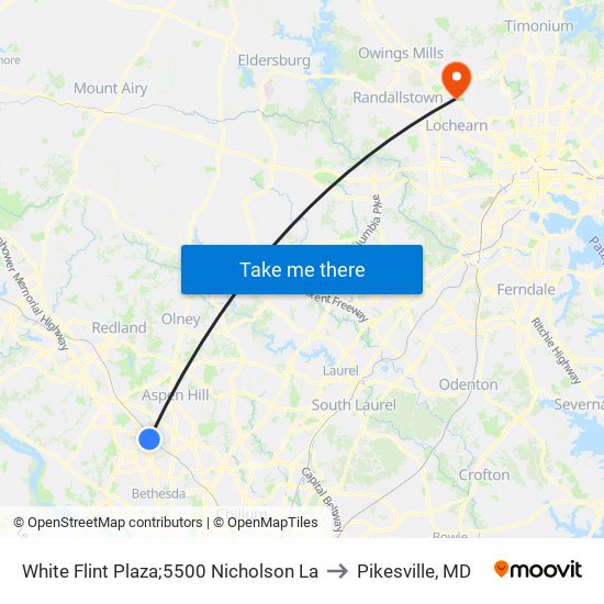 White Flint Plaza;5500 Nicholson La to Pikesville, MD map