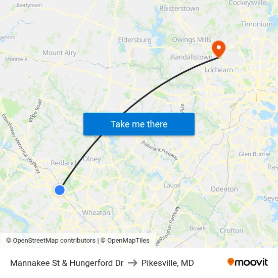 Mannakee St & Hungerford  Dr to Pikesville, MD map