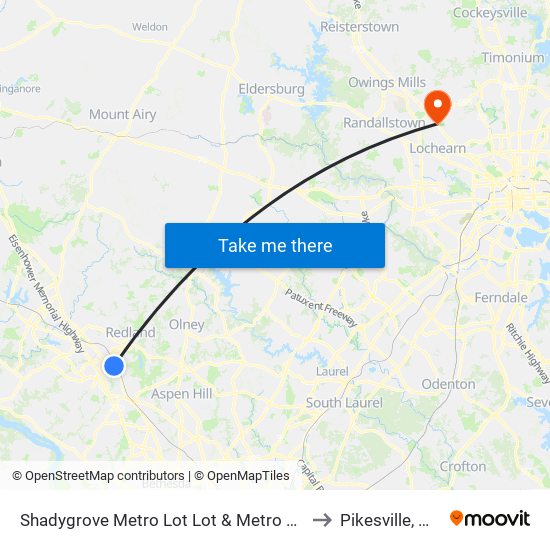 Shadygrove Metro Lot Lot & Metro Lot to Pikesville, MD map