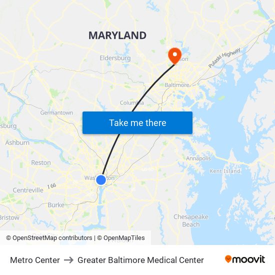 Metro Center to Greater Baltimore Medical Center map