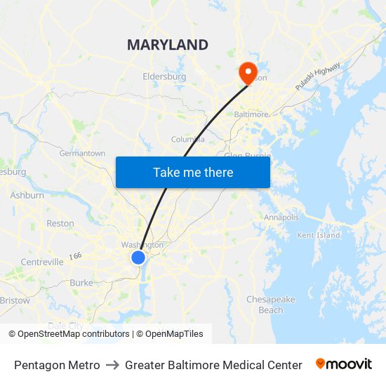 Pentagon Metro to Greater Baltimore Medical Center map