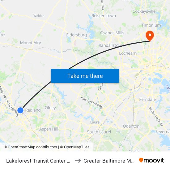 Lakeforest Transit Center & Odendhal Ave to Greater Baltimore Medical Center map