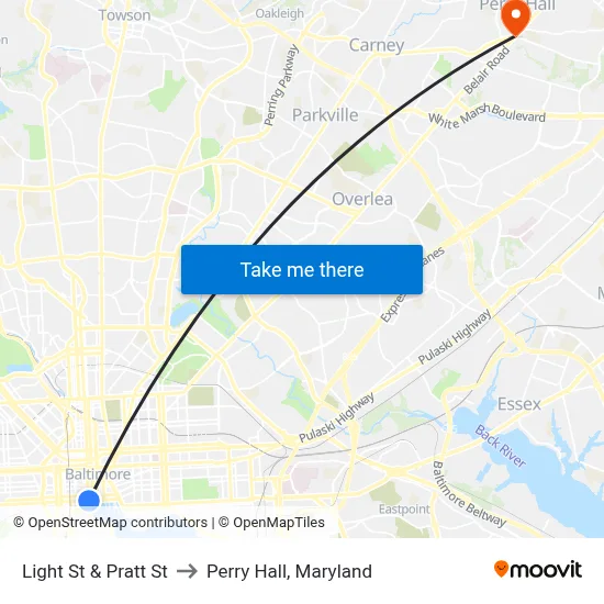 Light St & Pratt St to Perry Hall, Maryland map