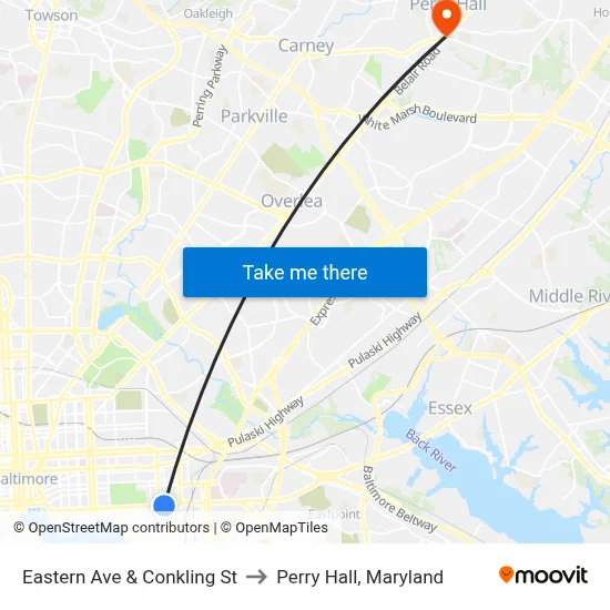 Eastern Ave & Conkling St to Perry Hall, Maryland map