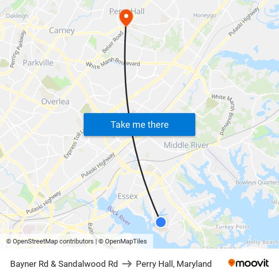 Bayner Rd & Sandalwood Rd to Perry Hall, Maryland map