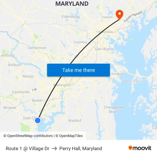 Route 1 @ Village Dr to Perry Hall, Maryland map