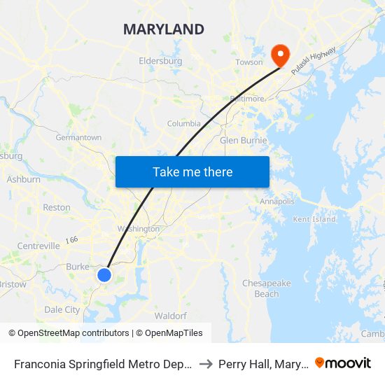 Franconia Springfield Metro Departures to Perry Hall, Maryland map