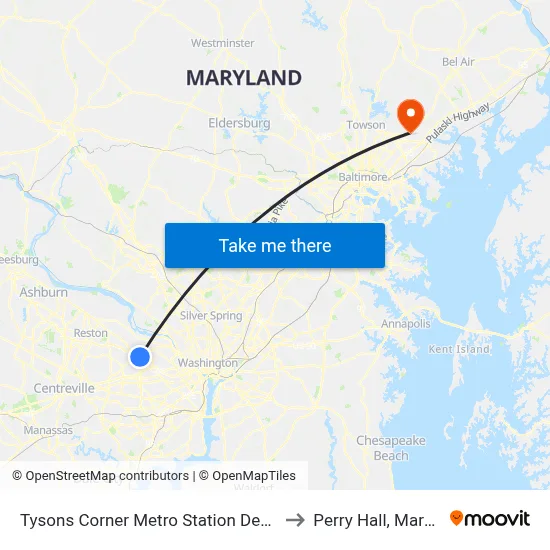 Tysons Corner Metro Station Departures to Perry Hall, Maryland map