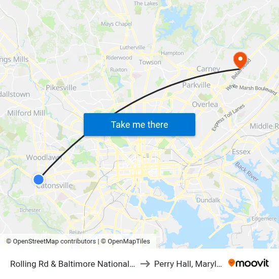 Rolling Rd & Baltimore National Pike to Perry Hall, Maryland map