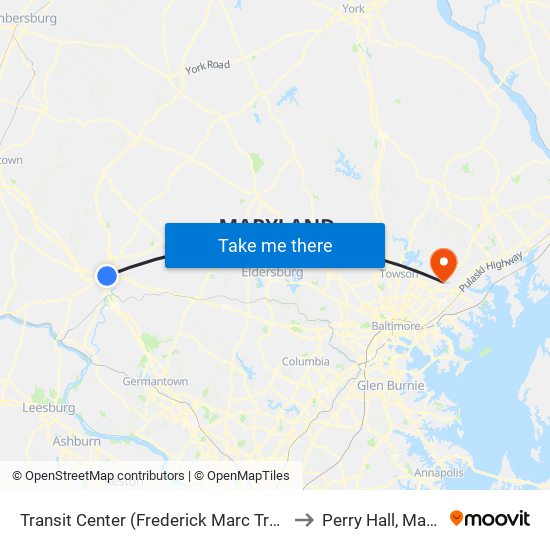 Transit Center (Frederick Marc Train Station) to Perry Hall, Maryland map