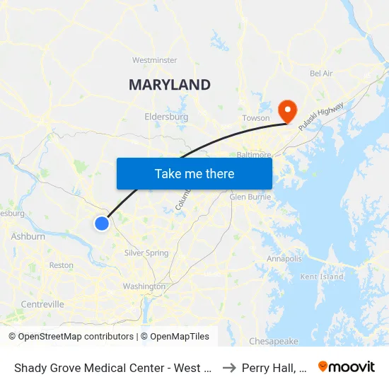 Shady Grove Medical Center - West & Medical Center Way to Perry Hall, Maryland map
