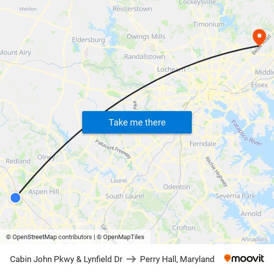 Cabin John Pkwy & Lynfield Dr to Perry Hall, Maryland map