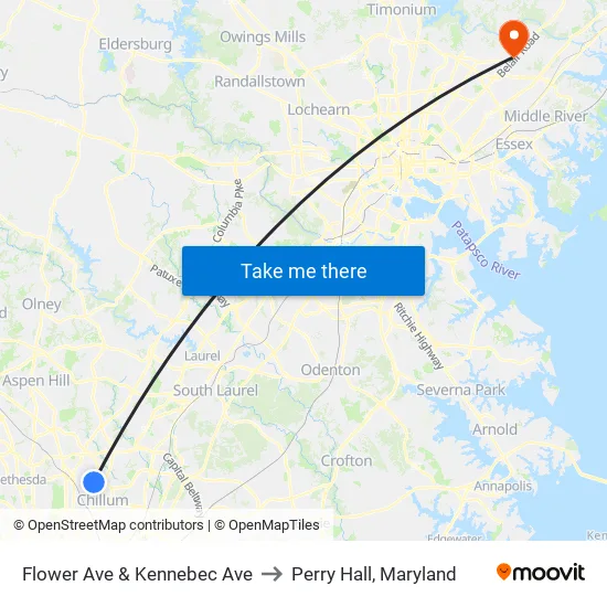 Flower Ave & Kennebec Ave to Perry Hall, Maryland map
