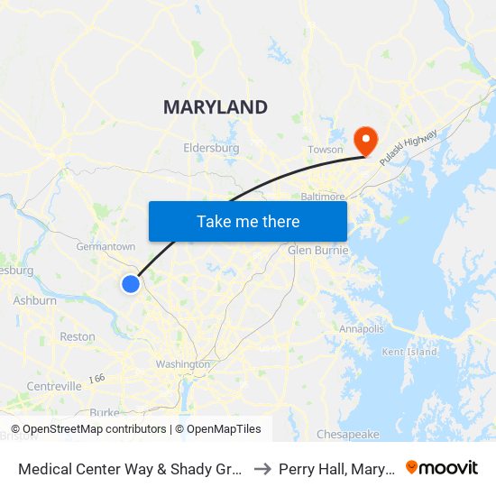 Medical Center Way & Shady Grove Rd to Perry Hall, Maryland map