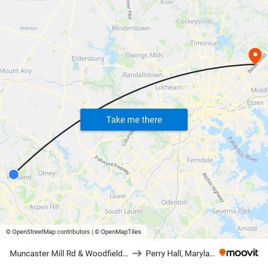 Muncaster Mill Rd & Woodfield Rd to Perry Hall, Maryland map