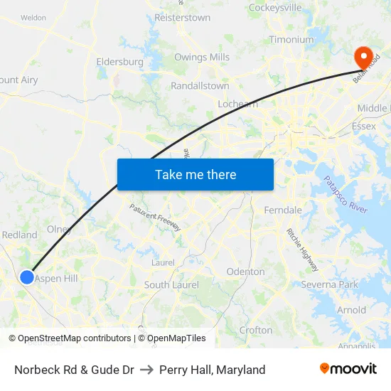Norbeck Rd & Gude Dr to Perry Hall, Maryland map
