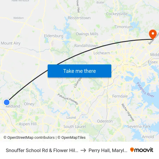 Snouffer School Rd & Flower Hill Way to Perry Hall, Maryland map