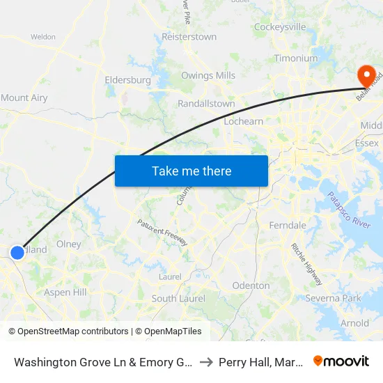 Washington Grove Ln & Emory Grove Rd to Perry Hall, Maryland map