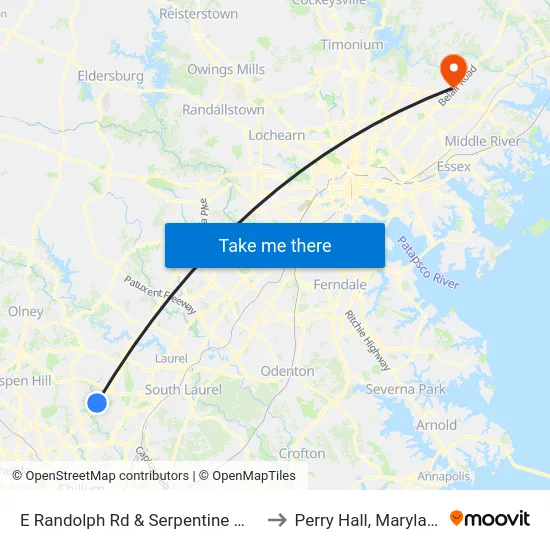 E Randolph Rd & Serpentine Way to Perry Hall, Maryland map