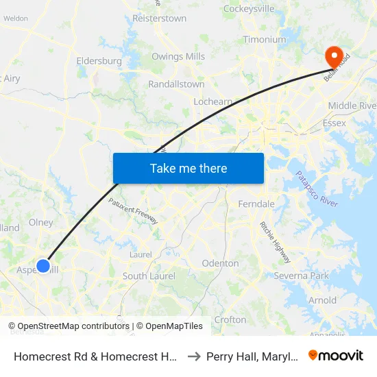 Homecrest Rd & Homecrest House to Perry Hall, Maryland map