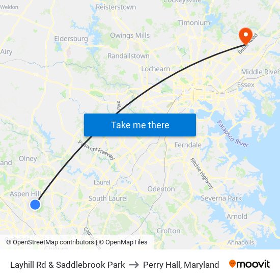 Layhill Rd & Saddlebrook Park to Perry Hall, Maryland map