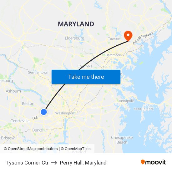 Tysons Corner Ctr to Perry Hall, Maryland map