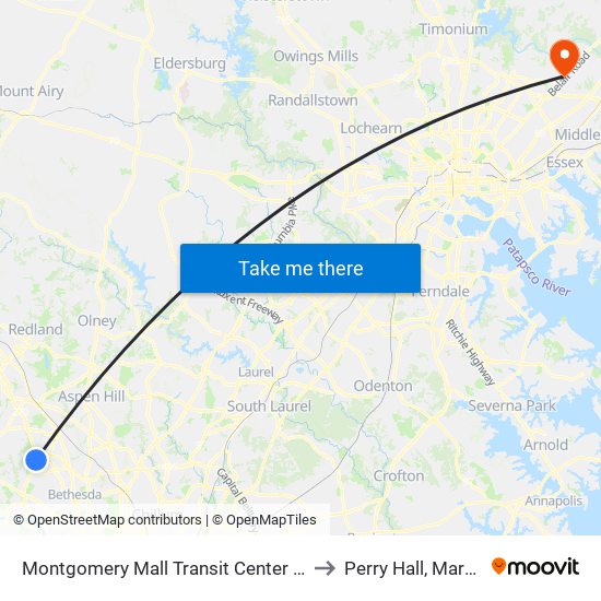 Montgomery Mall Transit Center & Bay B to Perry Hall, Maryland map