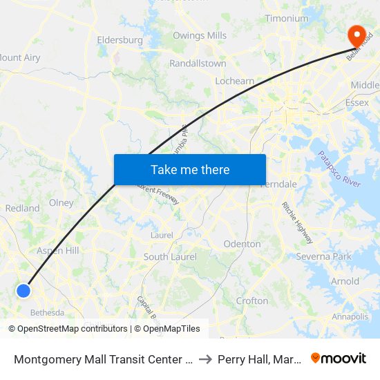 Montgomery Mall Transit Center & Bay D to Perry Hall, Maryland map