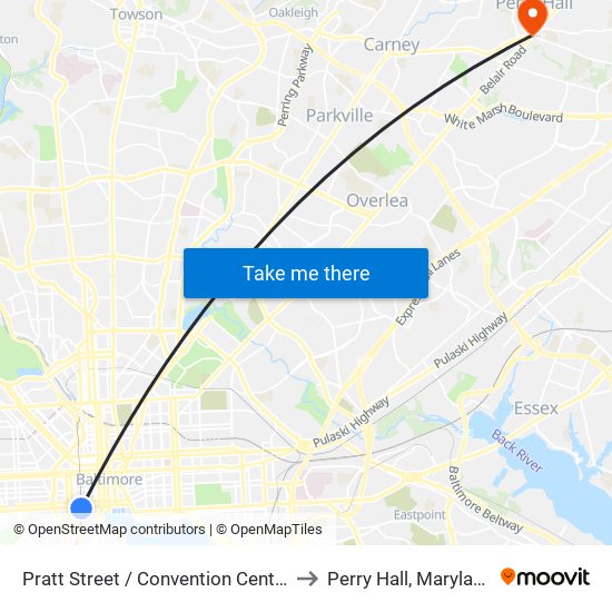 Pratt Street / Convention Center to Perry Hall, Maryland map