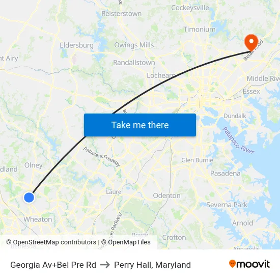 Georgia Av+Bel Pre Rd to Perry Hall, Maryland map