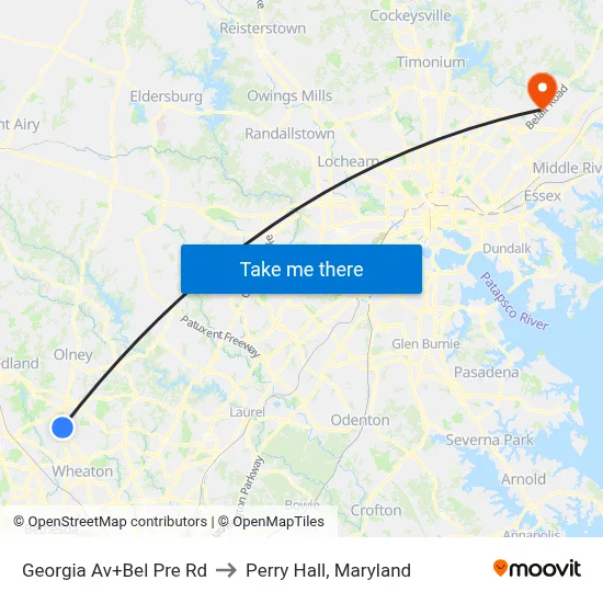 Georgia Av+Bel Pre Rd to Perry Hall, Maryland map
