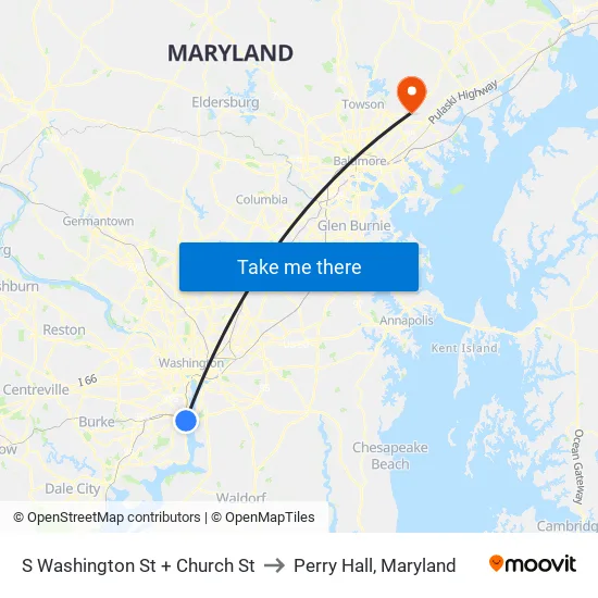 S Washington St+Church St to Perry Hall, Maryland map