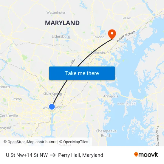 U St Nw+14 St NW to Perry Hall, Maryland map