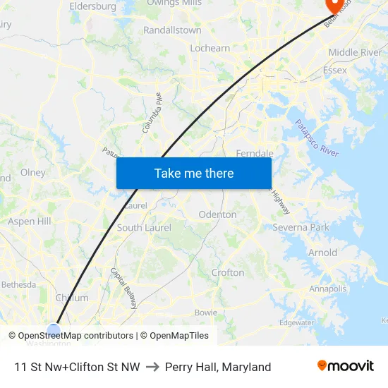 11 St Nw+Clifton St NW to Perry Hall, Maryland map