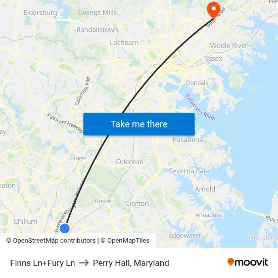 Finns Ln+Fury Ln to Perry Hall, Maryland map