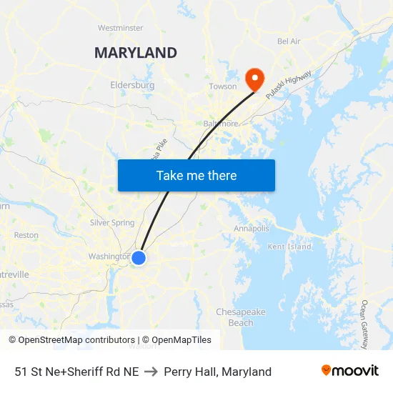 51 St Ne+Sheriff Rd NE to Perry Hall, Maryland map